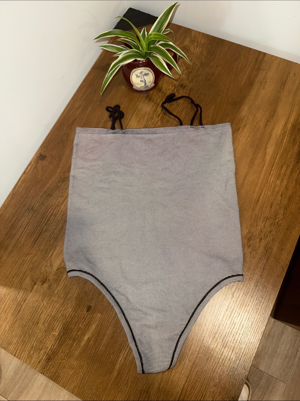 Striped High-Cut Bodysuit in Light Gray and Black